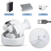 Load image into Gallery viewer, white massager showing the where it can be charged in the back of the base with a usb
